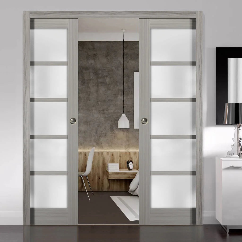 Sliding French Double Pocket Doors 36 x 80 inches Frosted Glass Solid Wood H84248