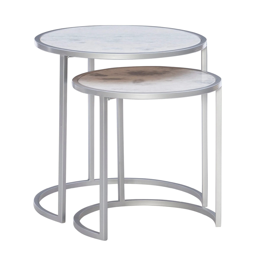 Round Nesting Tables Set of 2 Silver Metal White Marble Tops Y16648