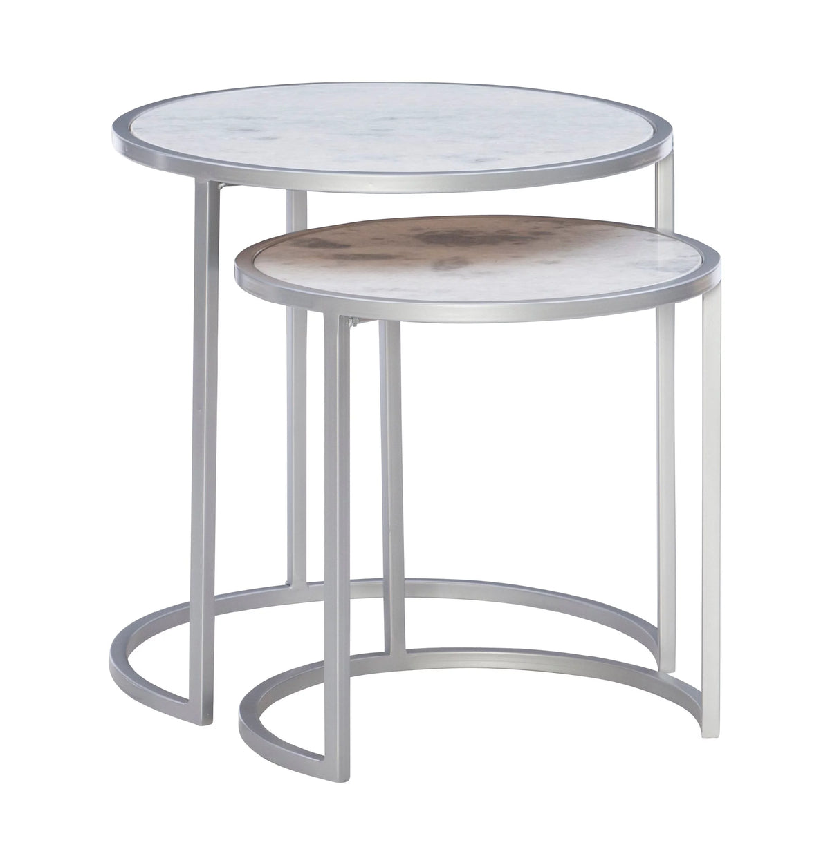 Round Nesting Tables Set of 2 Silver Metal White Marble Tops Y16648
