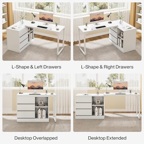 L-Shaped Computer Desk with Drawers and Shelves D398
