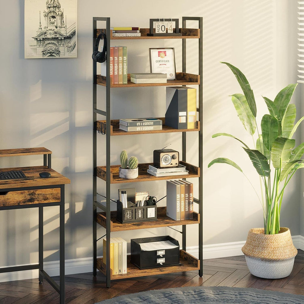 Rustic Brown 6 Tier Wood Bookshelf with 4 Hooks Metal Frame T80000