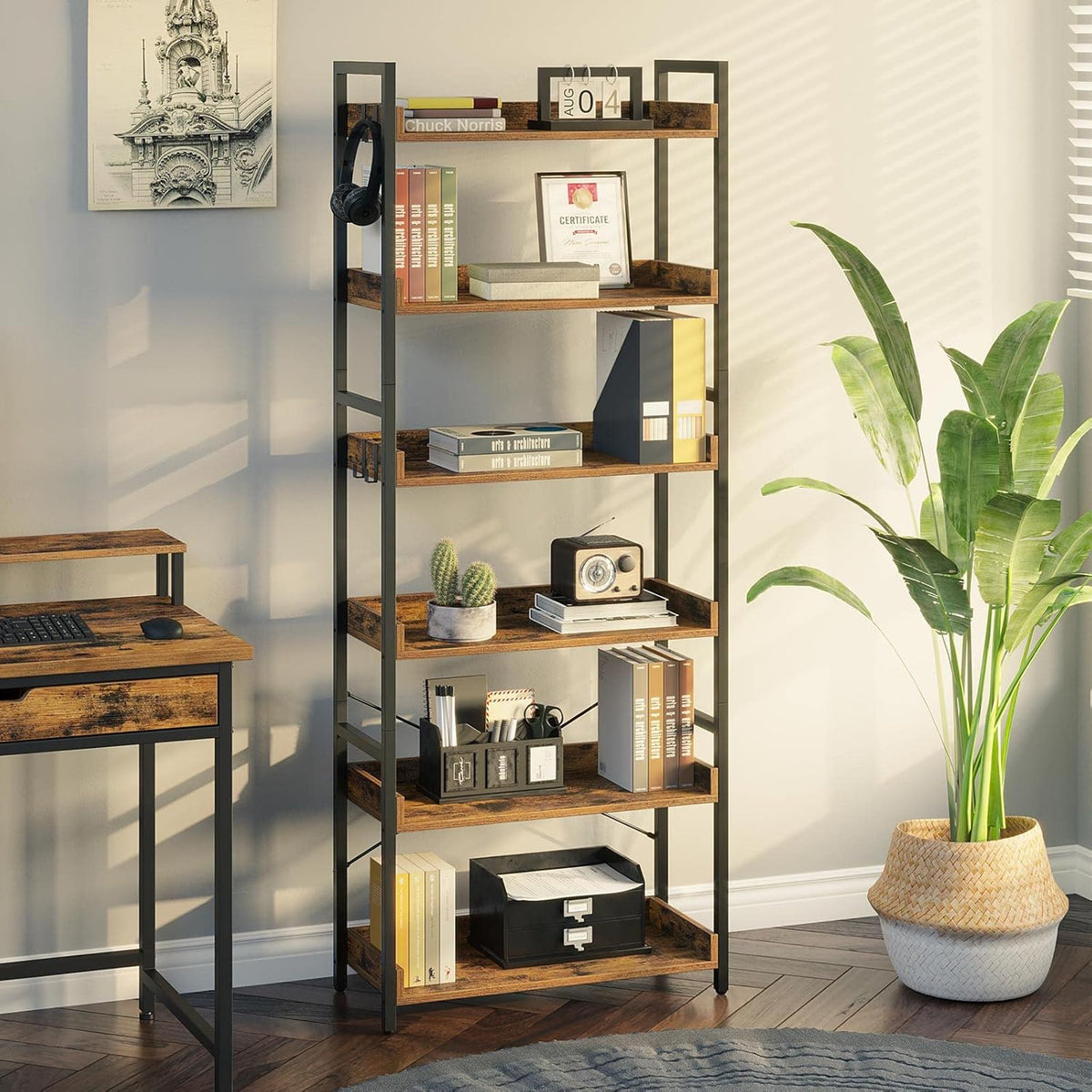 Rustic Brown 6 Tier Wood Bookshelf with 4 Hooks Metal Frame T80000
