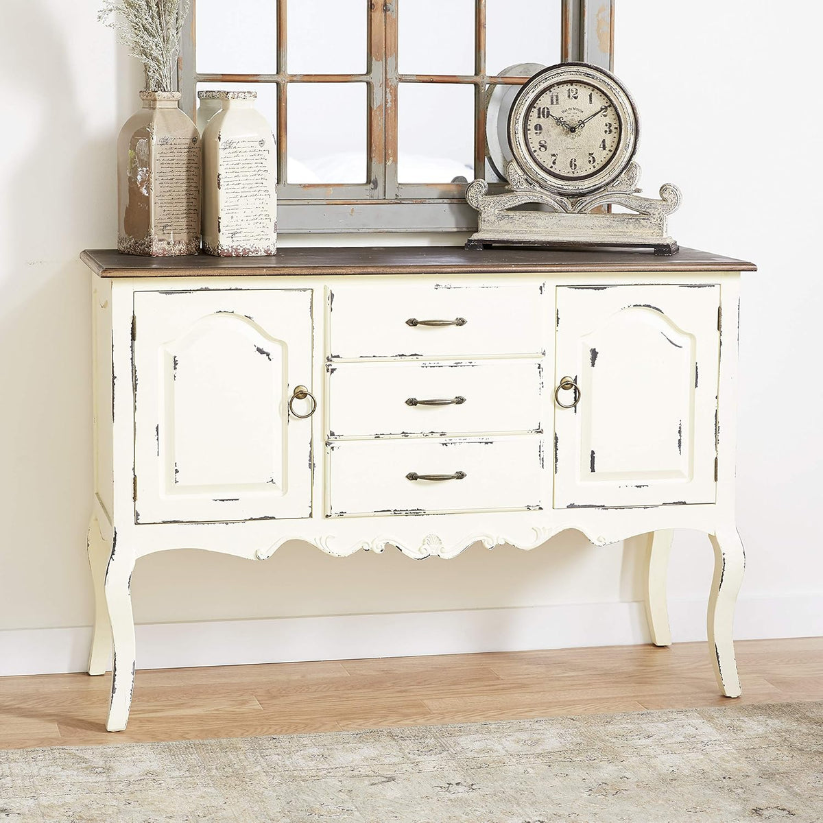 Beige & Brown Wood Cabinet with 3 Drawers and 2 Cabinets N80541