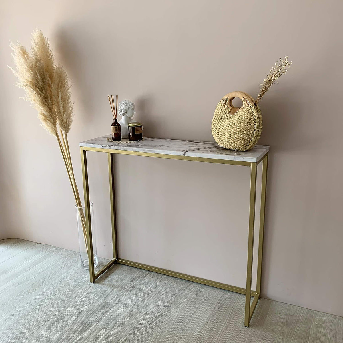 Faux Marble Console Table with Gold Metal Frame S9151