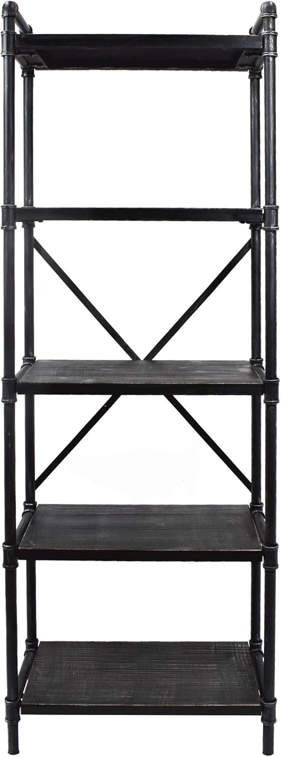 Industrial Iron 5 Shelf Firwood Bookcase, Gray and Pewter Finish H25954