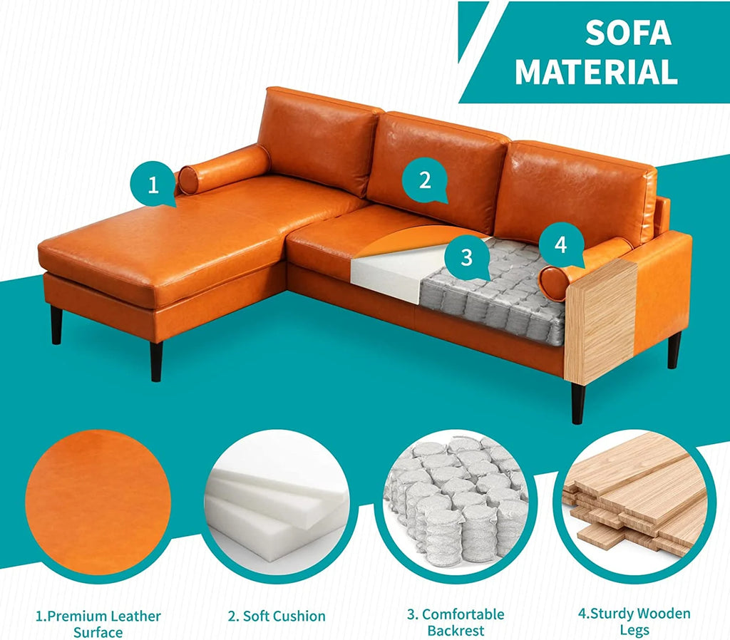 Convertible Sectional Sofa with Reversible Chaise, 3 Seat Faux Leather L-Shape Sofa with 2 Cylindrical Pillows K25461