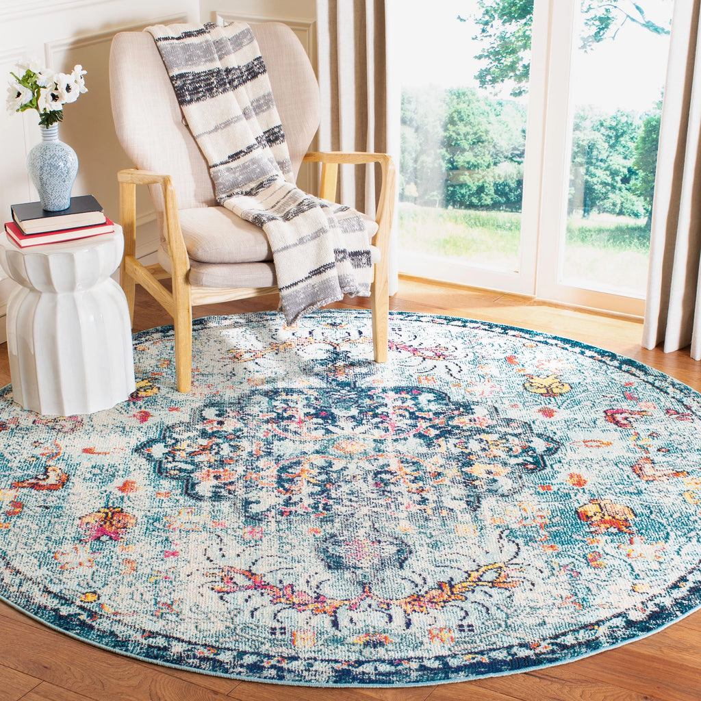 Navy Light Blue Vintage Floral Round Area Rug Y77069