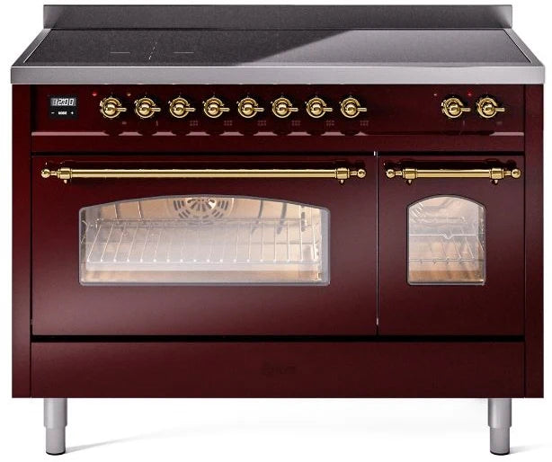 48 Induction Range with Electric Oven in Burgundy with Brass Trim O136806