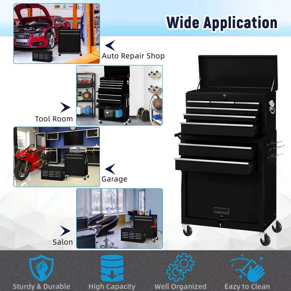 Black 8 Drawer Rolling Metal Tool Chest L15523