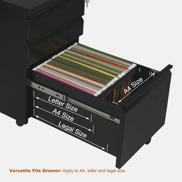 Black Metal 3-Drawer Mobile Vertical Filing Cabinet C443471