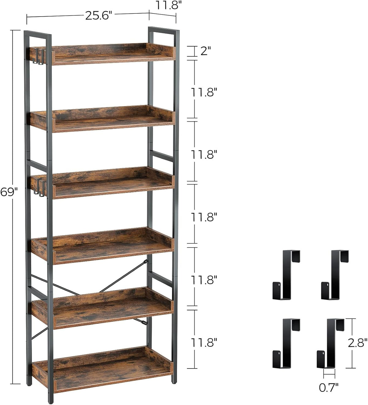 Rustic Brown 6 Tier Wood Bookshelf with 4 Hooks Metal Frame T80000
