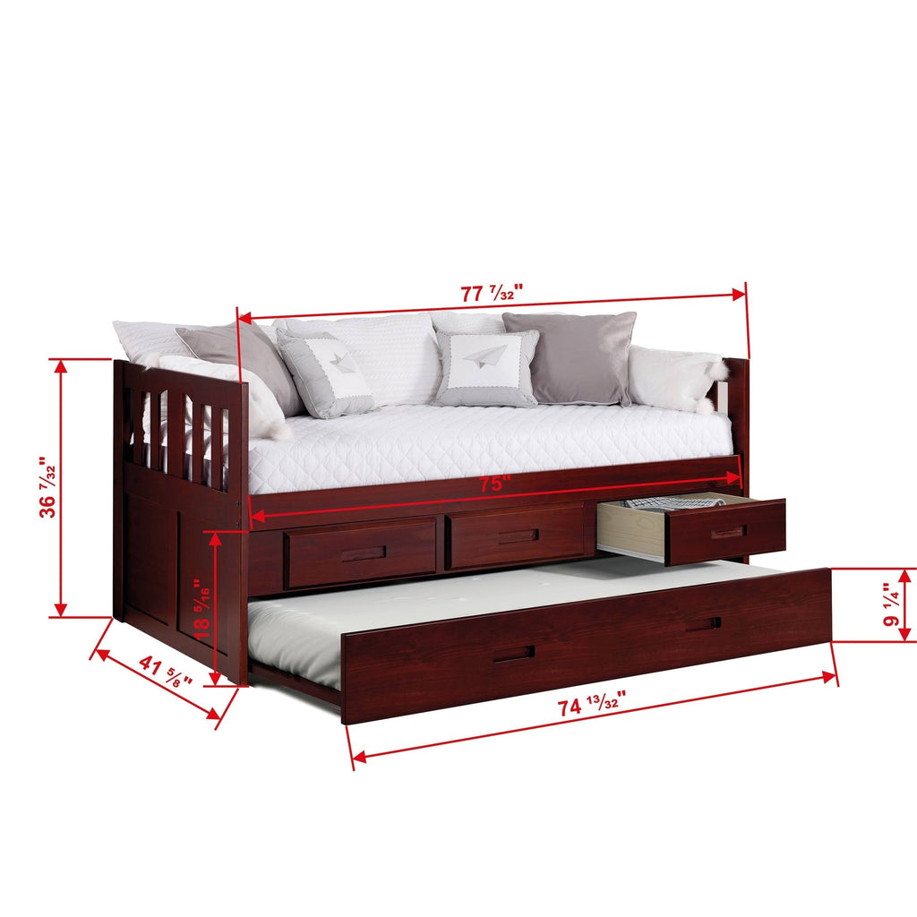 Twin Mission Captains Bed with 3 Drawer Storage and Twin Trundle in Merlot Finish L92509