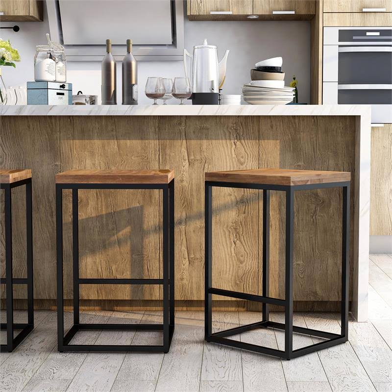 Rustic Metal Square Barstool in Natural Oak X9101