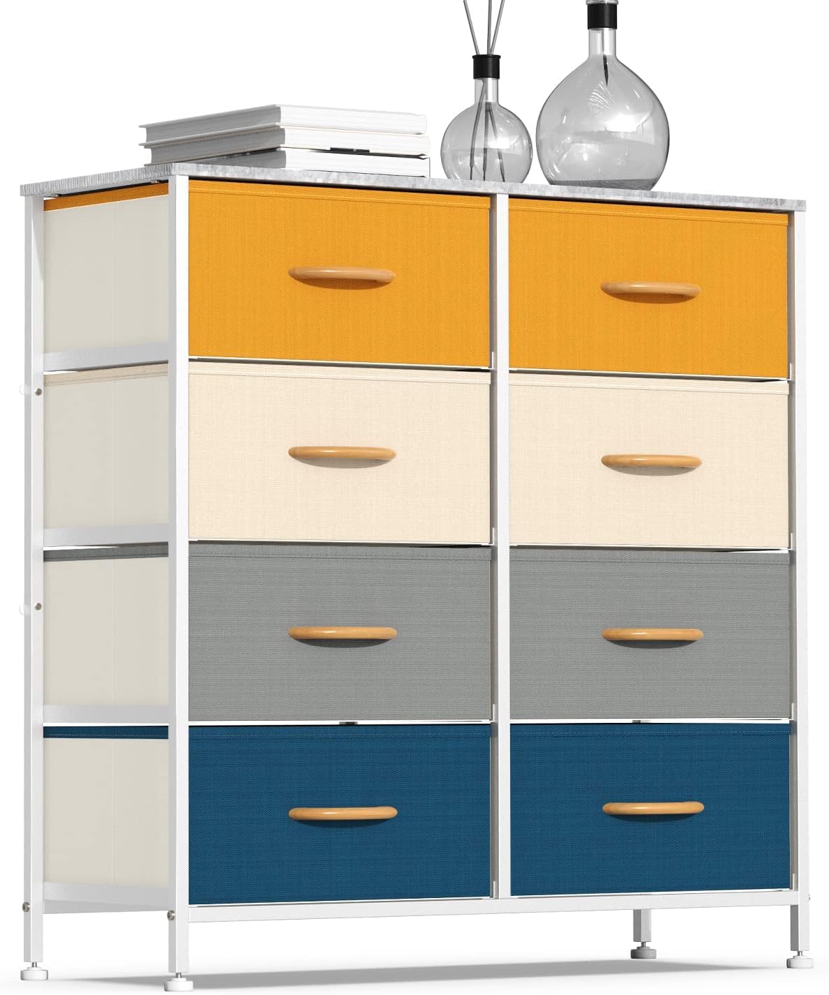 Vertical Dresser Storage Tower, Steel Frame, Wood Top, Fabric Bins, 8 Drawers, Dark Indigo C7002