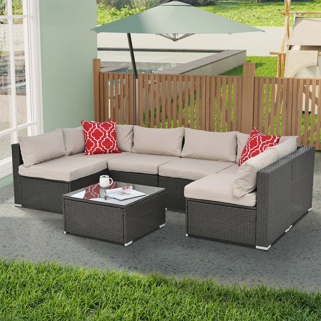 7 Piece PE Rattan Patio Furniture Set with Cushions and Glass Coffee Table Q19409