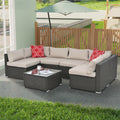 7 Piece PE Rattan Patio Furniture Set with Cushions and Glass Coffee Table Q19409