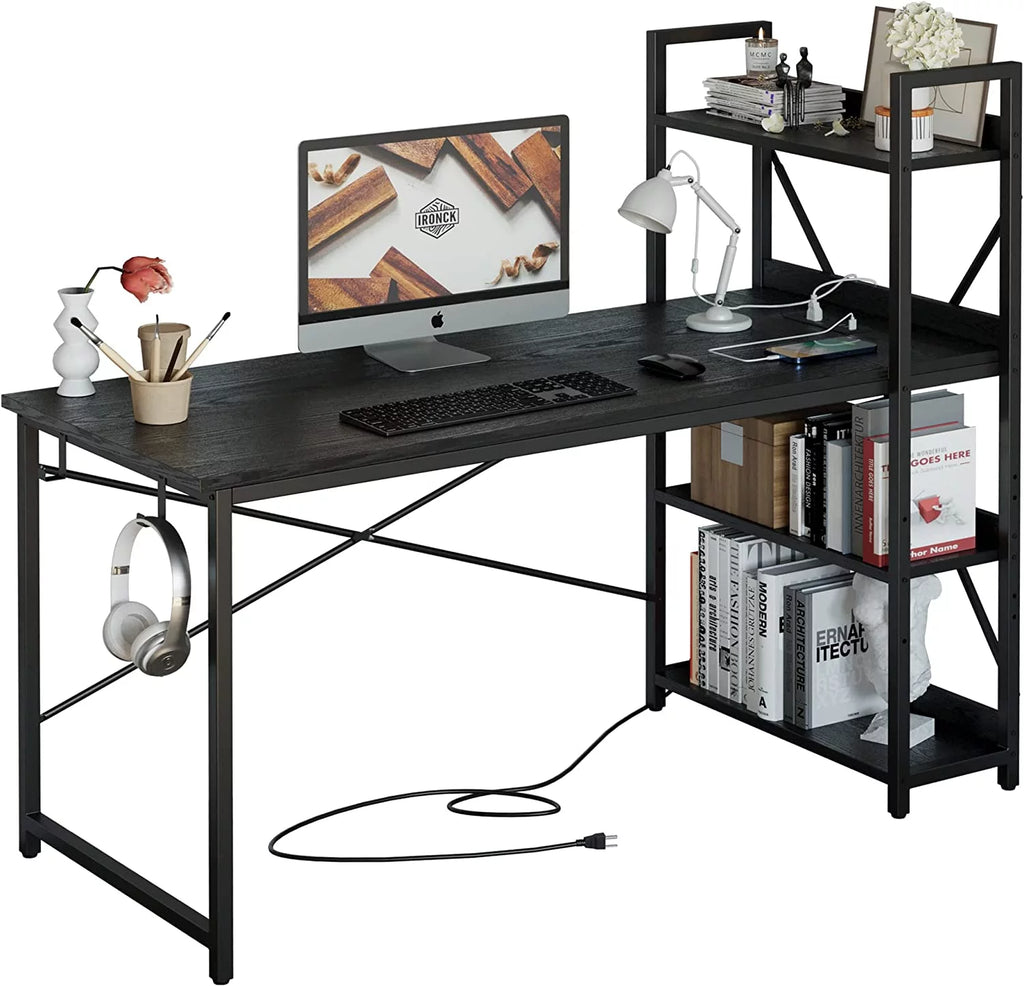 Black Computer Desk with Power Outlet and Storage Shelves A998660