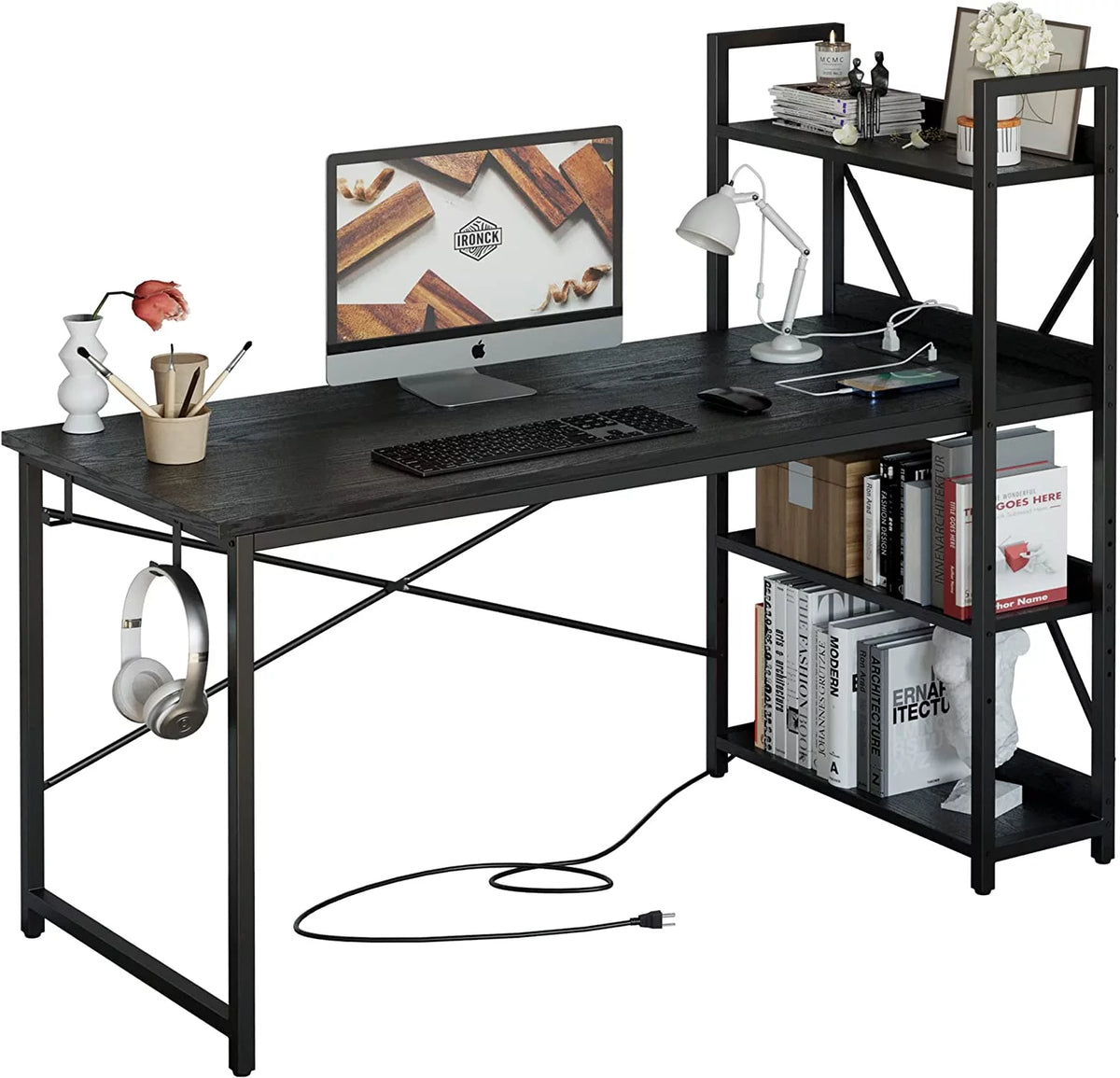 Black Computer Desk with Power Outlet and Storage Shelves A998660