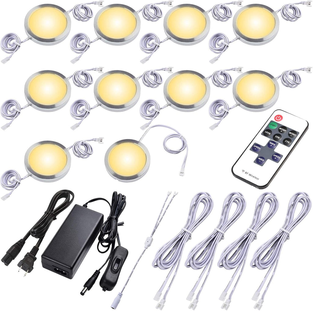 Under Cabinet LED Puck Lights, Dimmable Wireless RF Remote Control, Linkable Wired, AC120V to DC12V, Hardwired or Wall Plug, 14 Lights, Warm White M356304