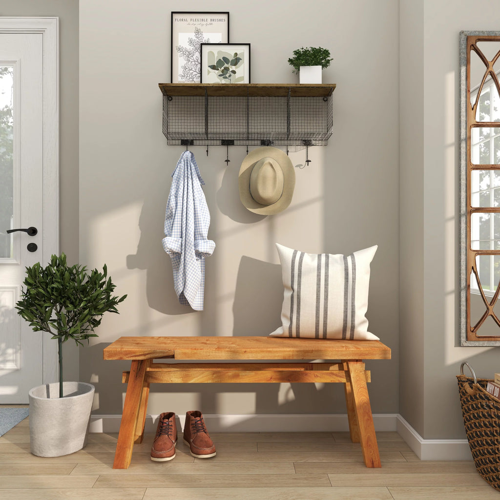Wood Handmade Distressed Bench with High Trestle Legs M90801