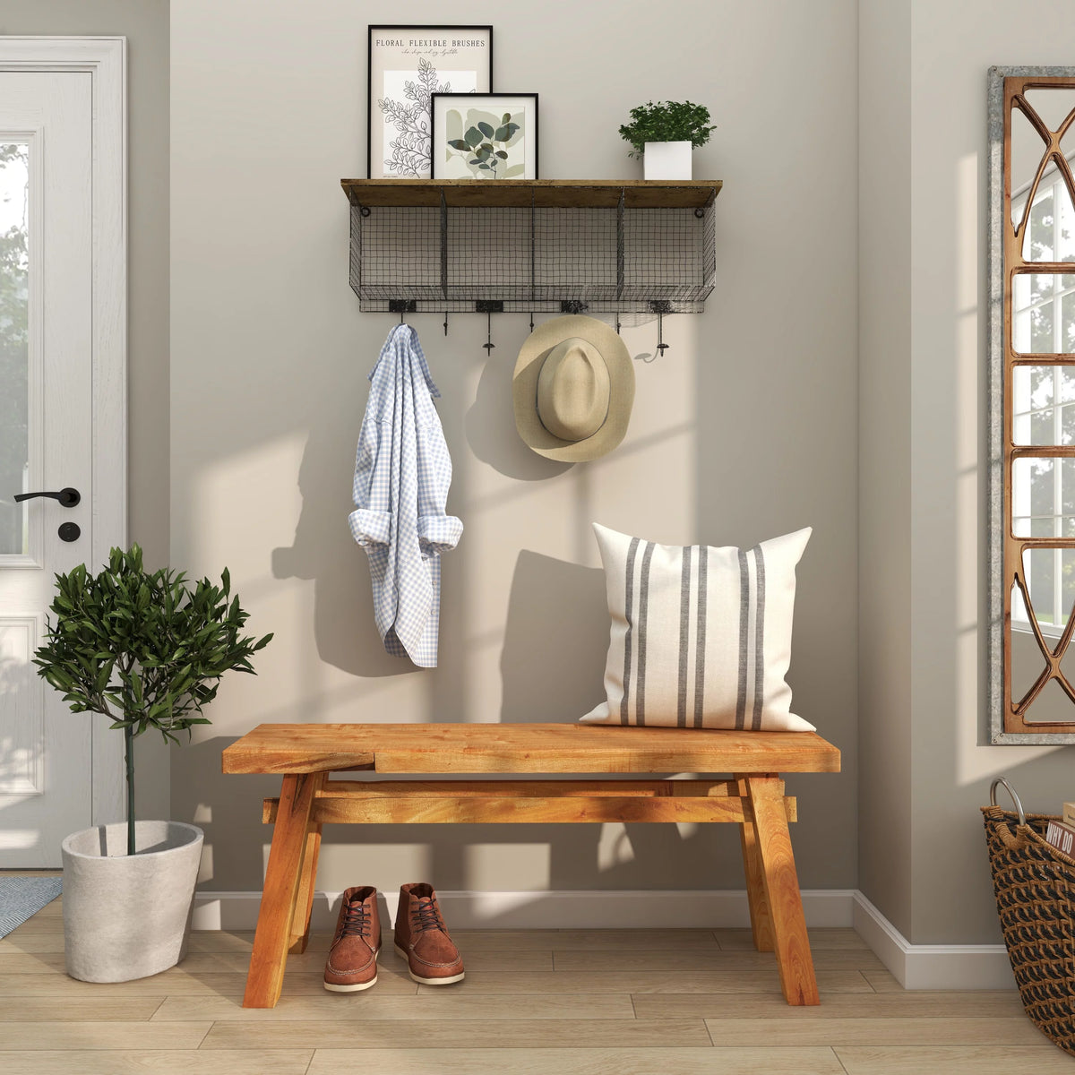 Wood Handmade Distressed Bench with High Trestle Legs M90801