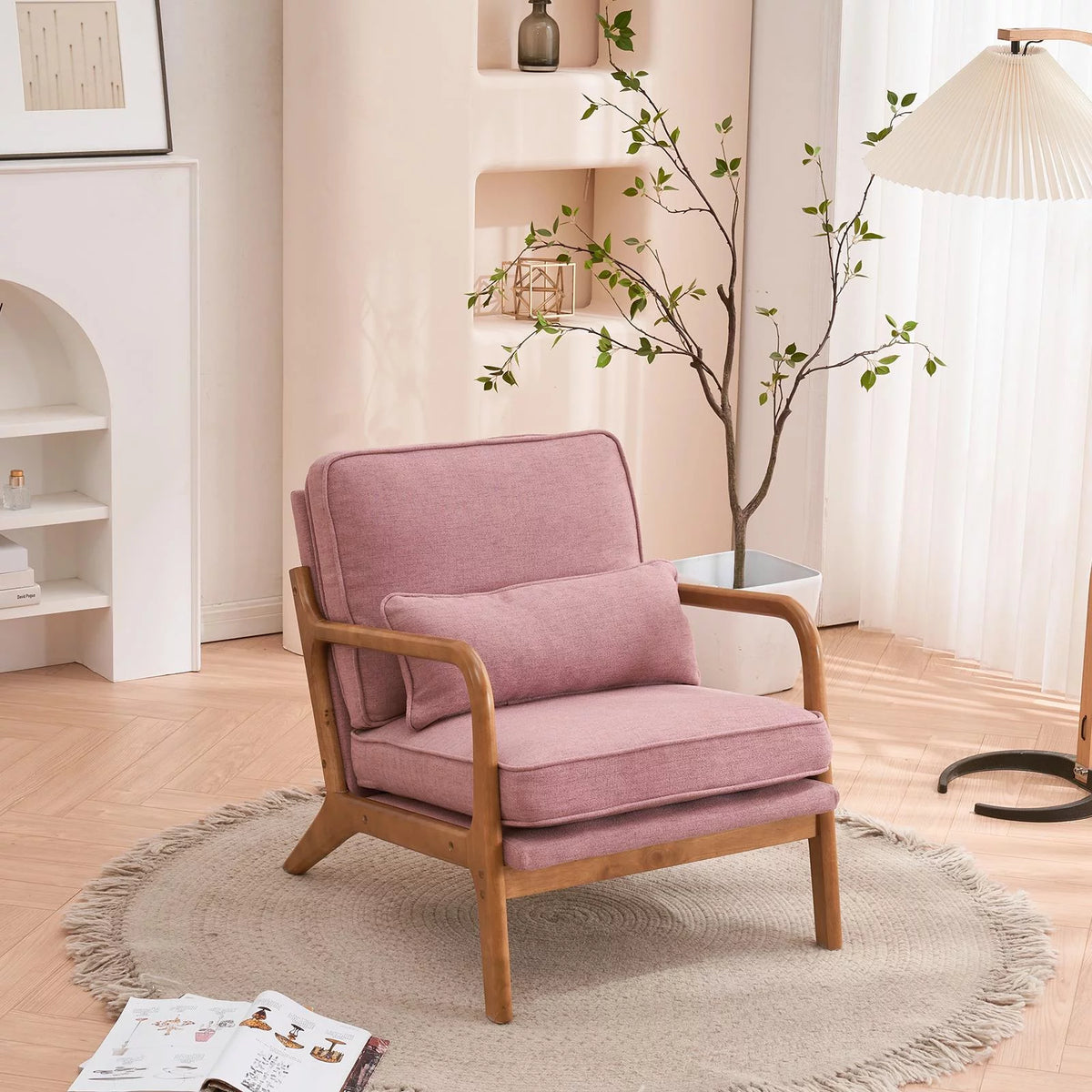 Beige Linen Fabric Upholstered Accent Chair with Solid Wood Frame X714