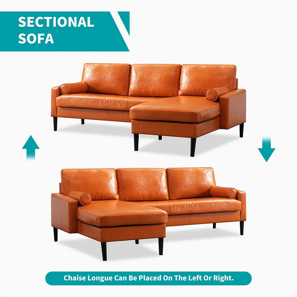 Convertible Sectional Sofa with Reversible Chaise, 3 Seat Faux Leather L-Shape Sofa with 2 Cylindrical Pillows K25461