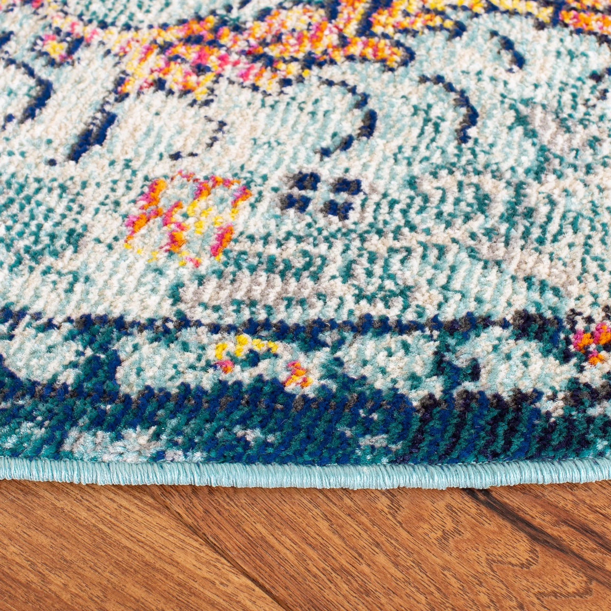 Navy Light Blue Vintage Floral Round Area Rug Y77069