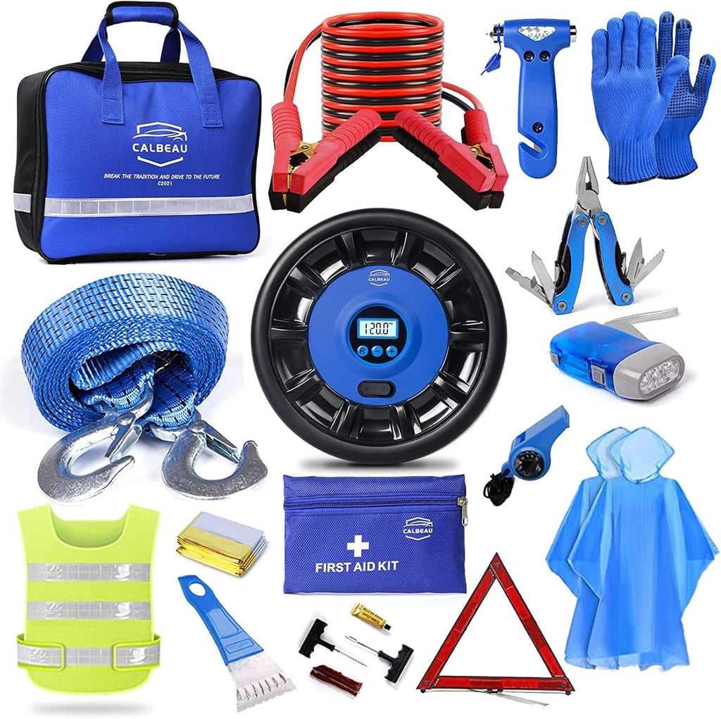 Car Emergency Kit with Air Compressor, Jumper Cable, Tow Strap, Safety Hammer, First Aid Kit F42204