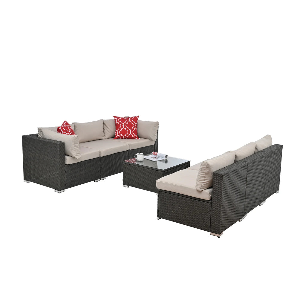 7 Piece PE Rattan Patio Furniture Set with Cushions and Glass Coffee Table Q19409